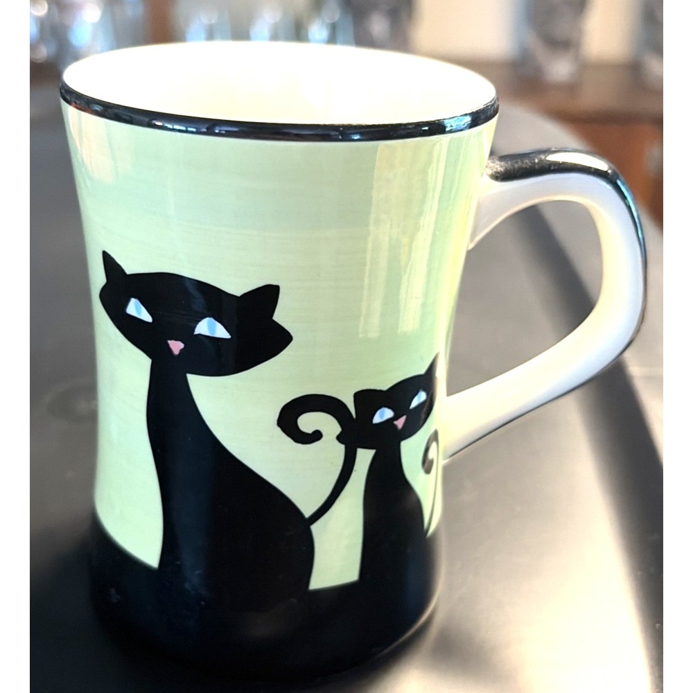 Hues N Brews "Cattitude" Mug Siamese Cat Silhouettes on Green  & Black